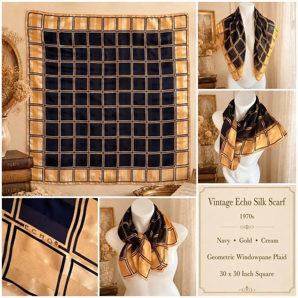 Vintage Echo Silk Scarf 1970s Navy Gold Cream Geometric Windowpane Plaid 30x30